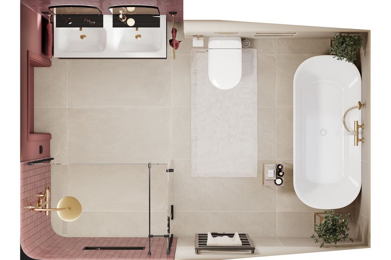 Vue de dessus d'une salle de bains moderne avec double lavabo, WC suspendu, baignoire en îlot et douche à l'italienne avec paroi en verre.