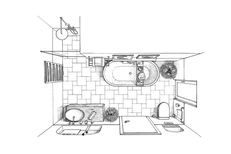 Draufsicht eines Badezimmers mit Badewanne, Dusche, Waschbecken und Toilette