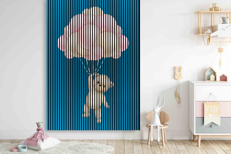Image décorative avec un ours suspendu à des ballons, avec des rayures verticales