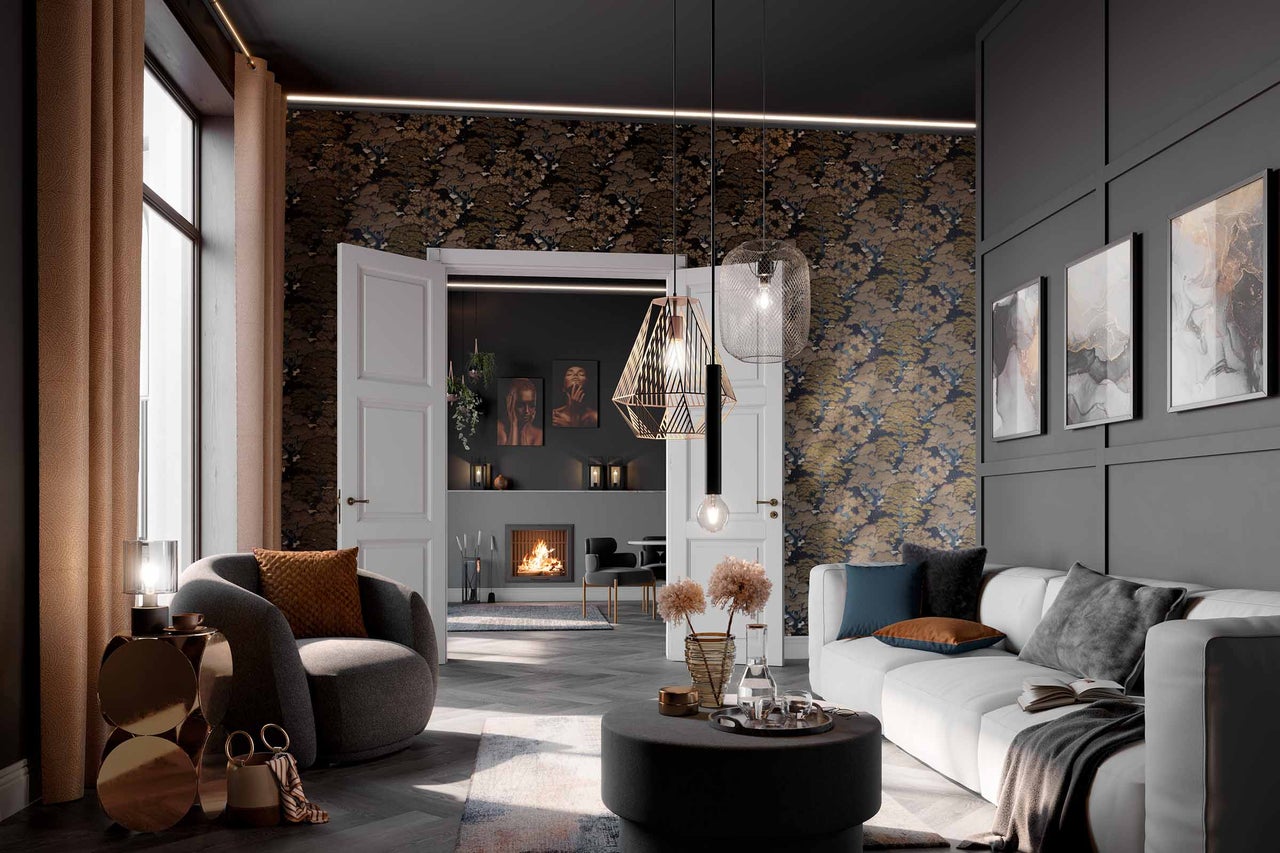 Salon avec canapé, fauteuil, éclairage et décoration