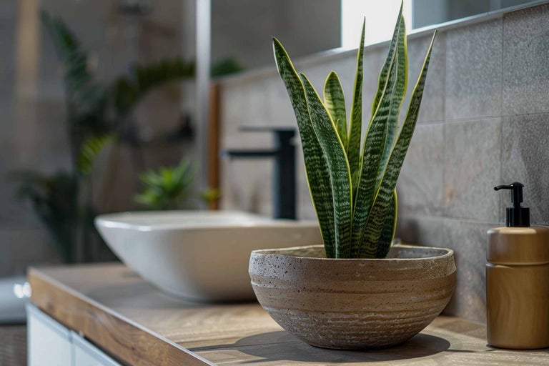 Salle de bains décorative avec plante Sansevieria dans un pot en céramique