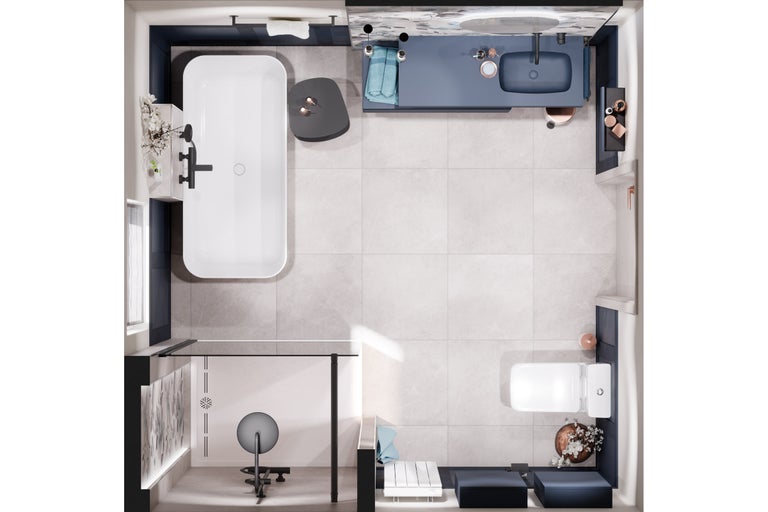 Vue de dessus d'une salle de bains avec baignoire, lavabo, douche et toilettes