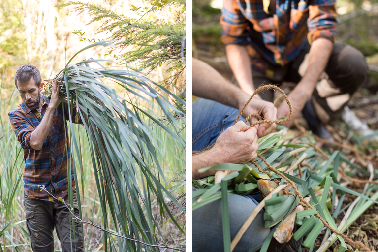 Zweiteiliges Bild: Ein Mann trägt Binsen; eine Person flechtet ein Seil aus Naturfasern.