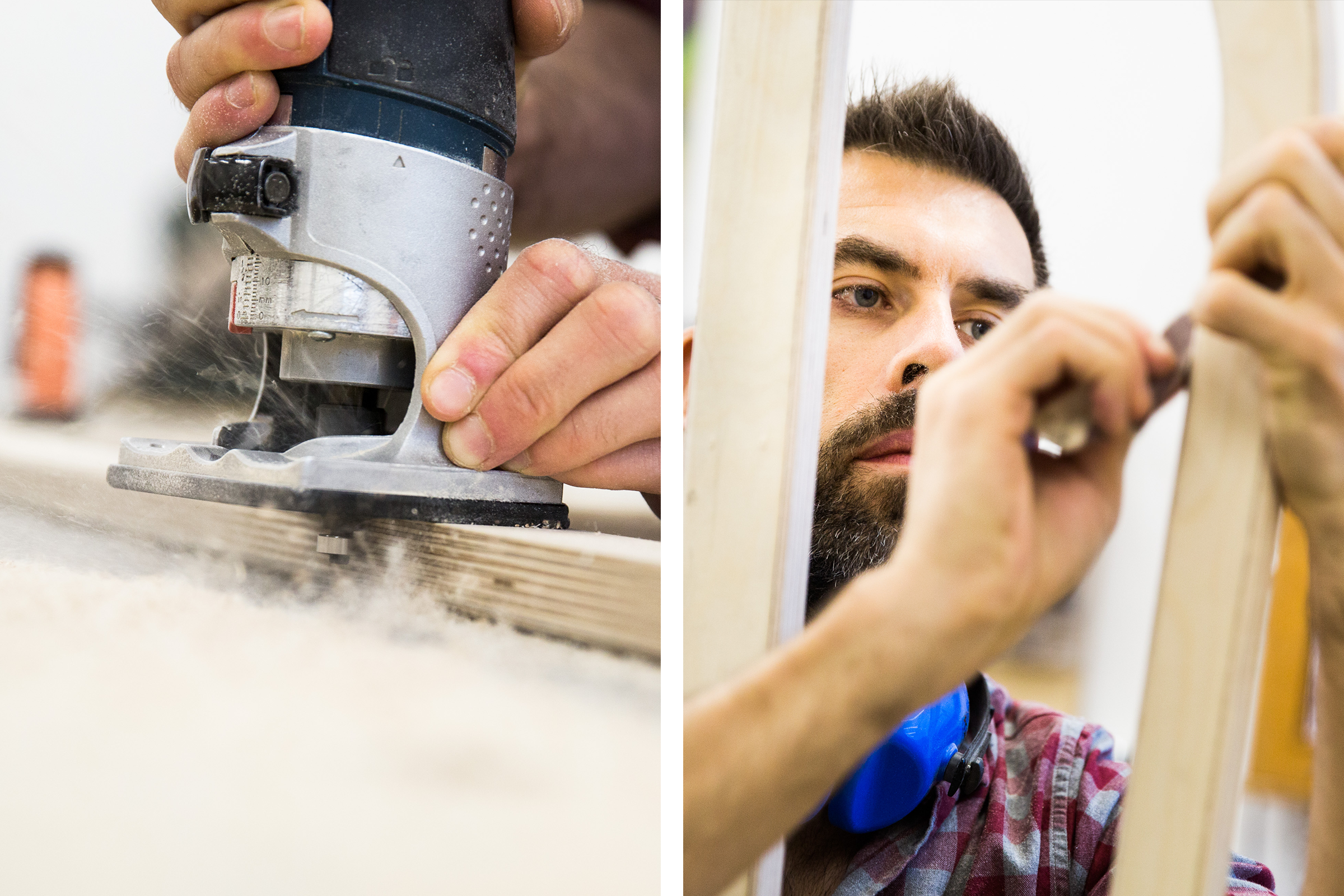 Ein Handwerker bearbeitet Holz mit einer Oberfräse und kontrolliert das Ergebnis.