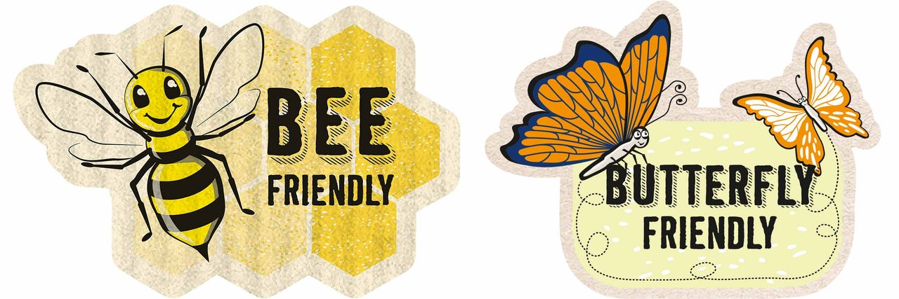 Aufkleber mit der Aufschrift bienenfreundlich und schmetterlingsfreundlich