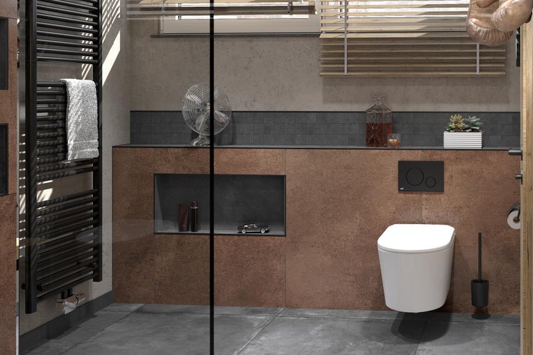 Modernes Badezimmer mit Heizkörper, Toilette und dekorativen Elementen