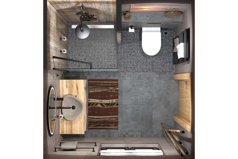 Vue de dessus d'une salle de bains avec douche à l'italienne, vasque en pierre sur meuble en bois, WC suspendu et carrelage gris.