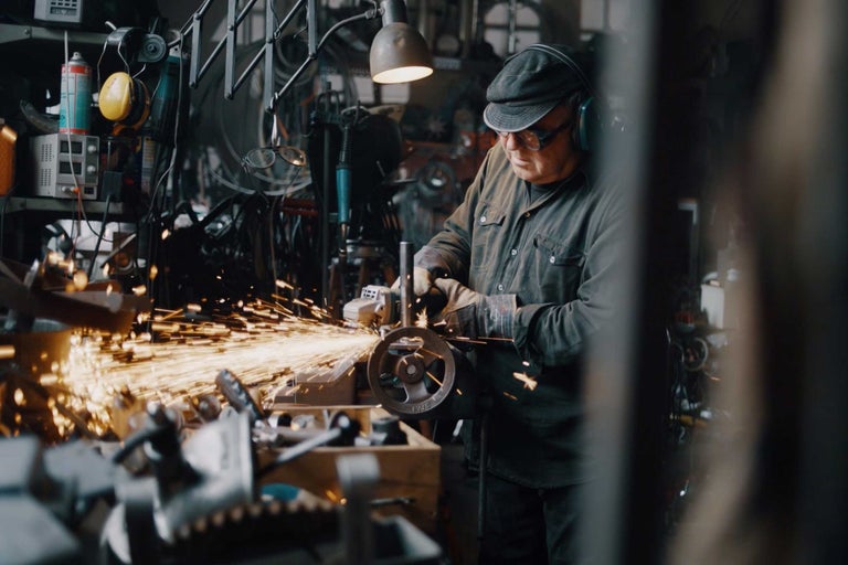 Ein Mann bearbeitet mit einer Schleifmaschine Metall, wobei Funken sprühen.