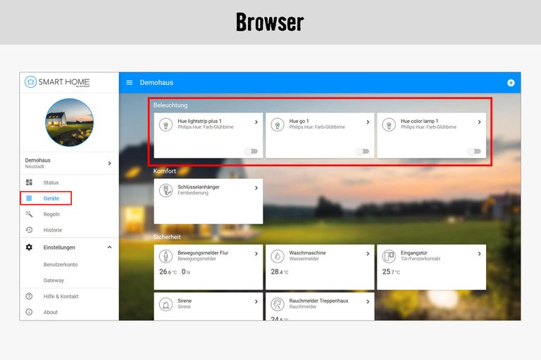 Interface utilisateur de l'application Smart Home avec contrôle de l'éclairage pour les lampes Hue