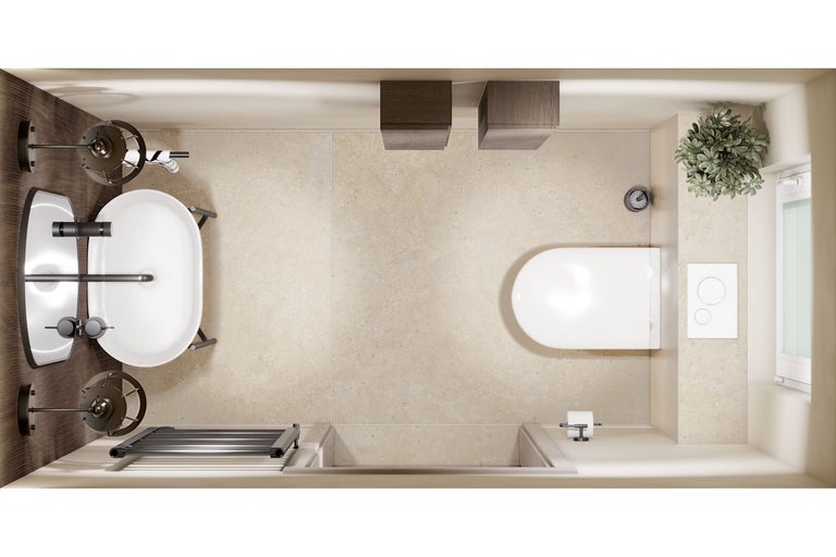 Vue de dessus d une salle de bain moderne avec lavabo ovale, toilettes suspendues, robinetterie sombre et carrelage beige aspect pierre.