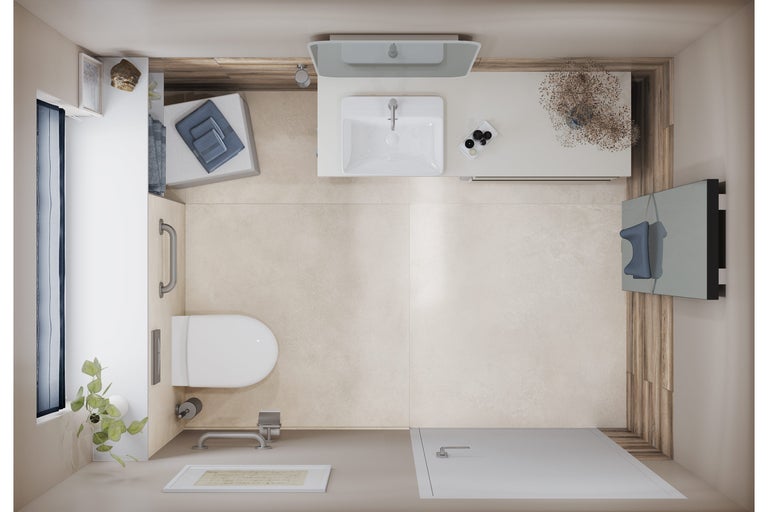 Vue de dessus d'une salle de bain lumineuse avec toilettes, lavabo et douche