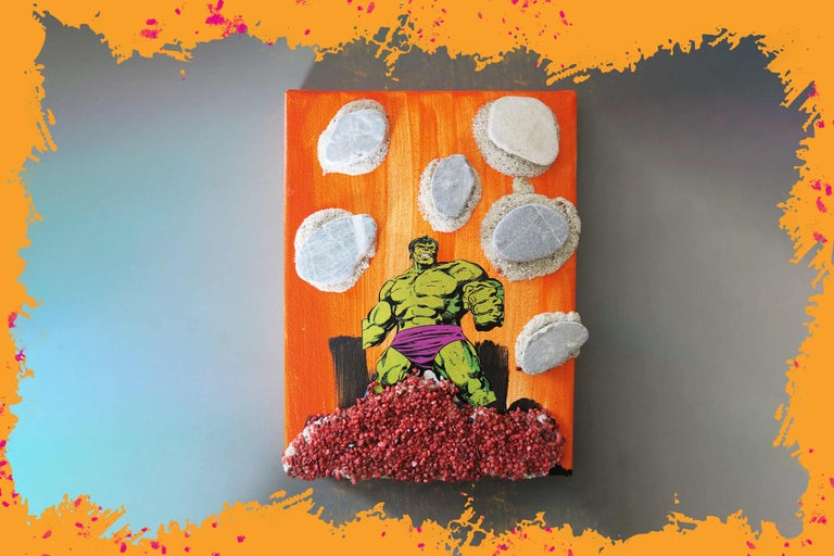 Peinture avec motif Hulk, pierres et granulés rouges
