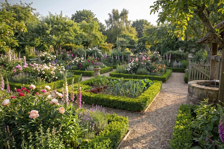 Angelegter Bauerngarten mit niedrigen Buchsbaumhecken, Kieswegen, Steinbrunnen, Holztor, blühenden Pfingstrosen, Fingerhut und Gemüsebeet.