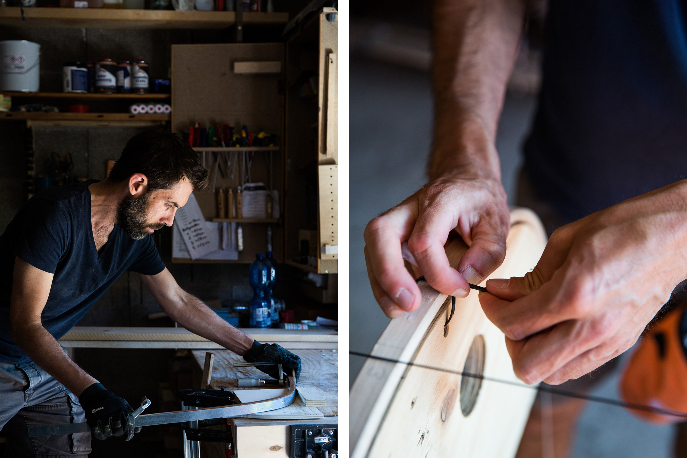 Mann arbeitet mit Holz in einer Werkstatt
