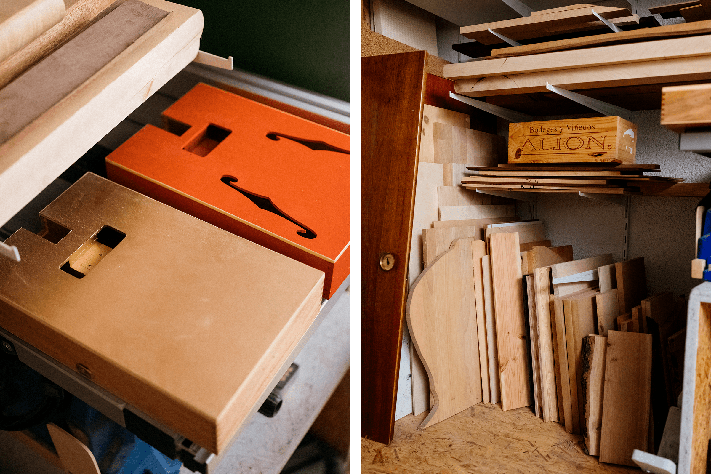 Holzwerkstatt mit Holzzuschnitten, Regalen und einer Weinkiste