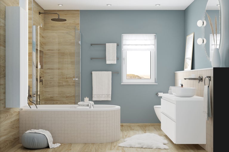 Modernes Badezimmer mit Badewanne, Waschtisch, Toilette und Dusche
