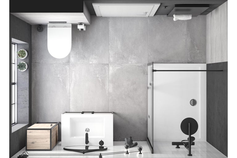 Modernes Badezimmer mit Toilette, Waschbecken, Dusche und Holzelementen