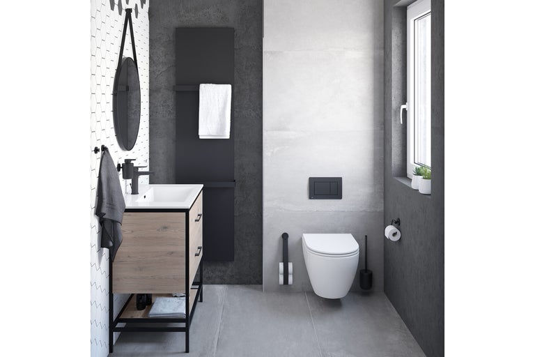 Modernes Badezimmer mit Waschtisch, Heizkörper, Spiegel und Wand-WC