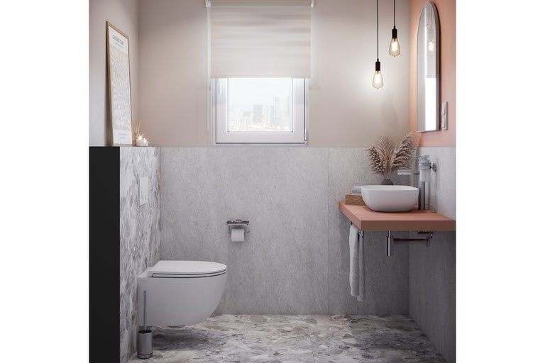 Salle de bains moderne avec WC suspendu, lavabo à poser et miroir