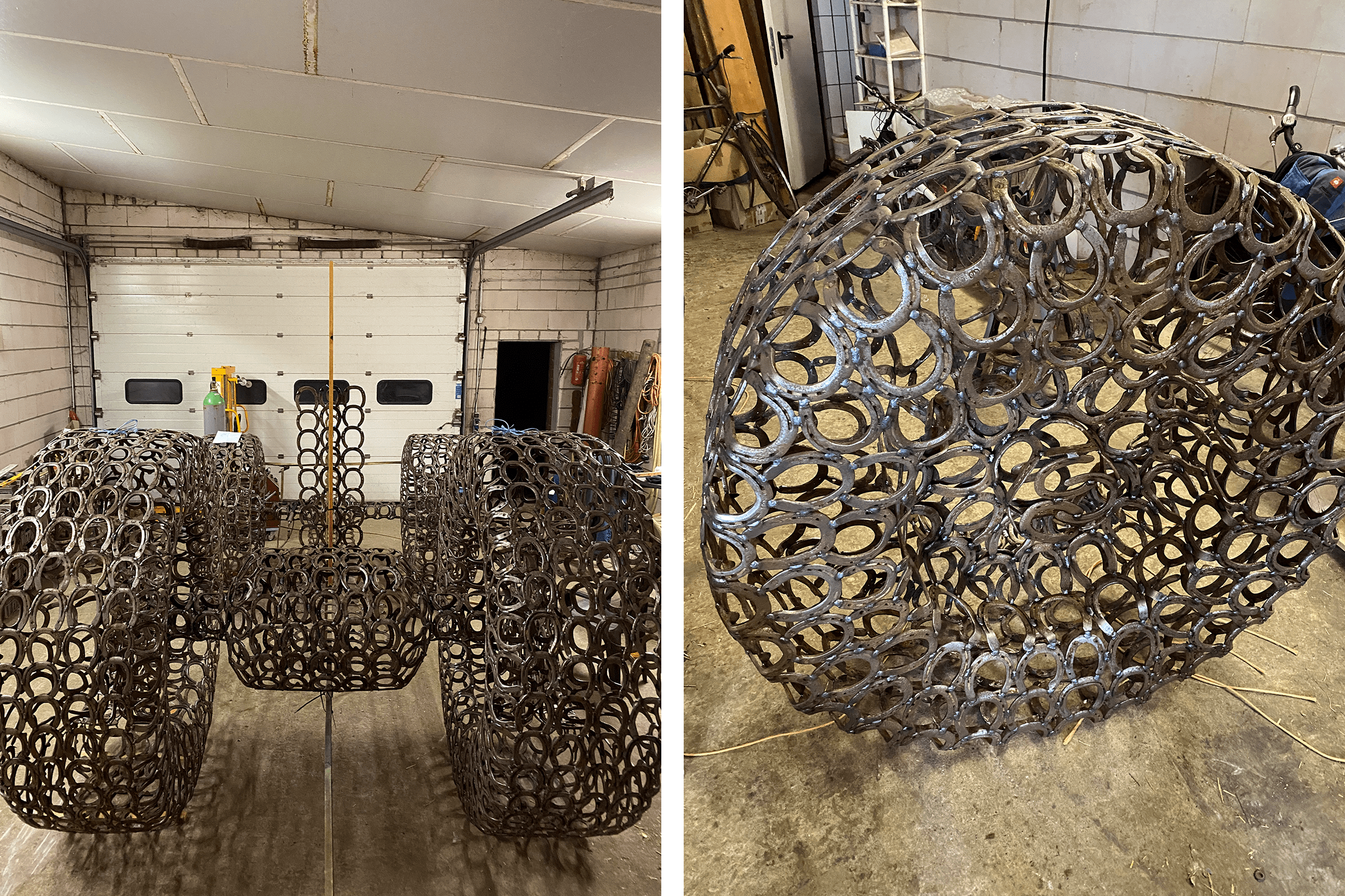 Dekorative Skulptur eines Traktors aus Hufeisen