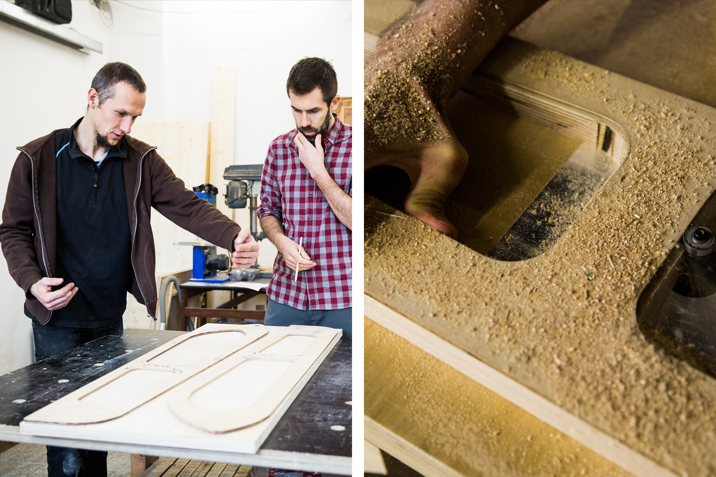 Zwei Handwerker betrachten ein Holzwerkstück und eine Detailaufnahme einer Kreissäge beim Schneiden von Holz.