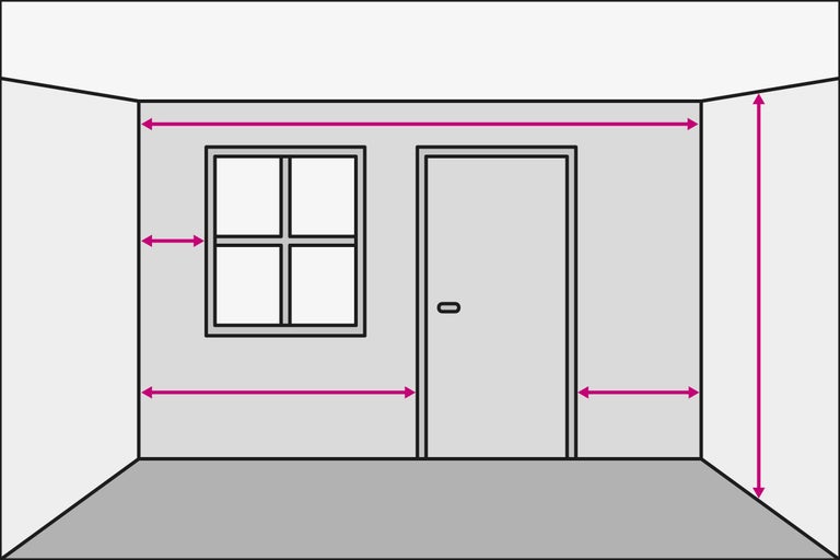 Vue de la pièce avec les dimensions pour la fenêtre, la porte et le mur