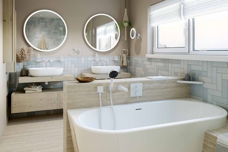 Helles Badezimmer mit Badewanne, Waschbecken und runden Spiegeln mit Beleuchtung