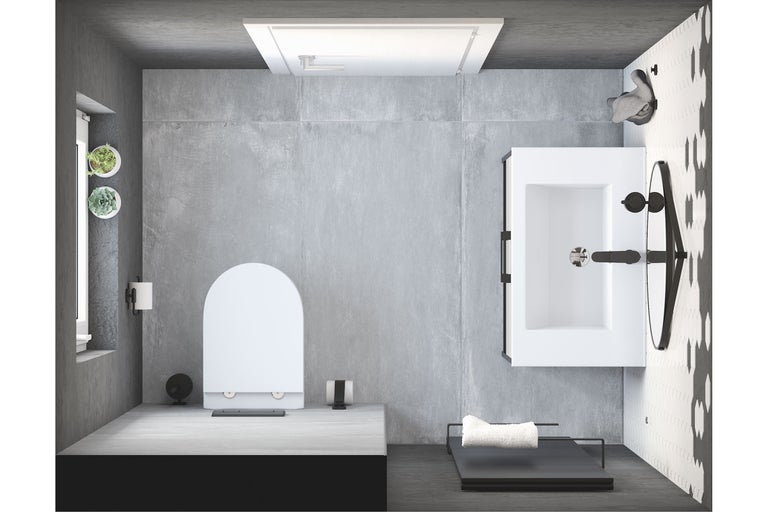 Ansicht von oben eines modernen Badezimmers mit Toilette, Waschbecken und Spiegel