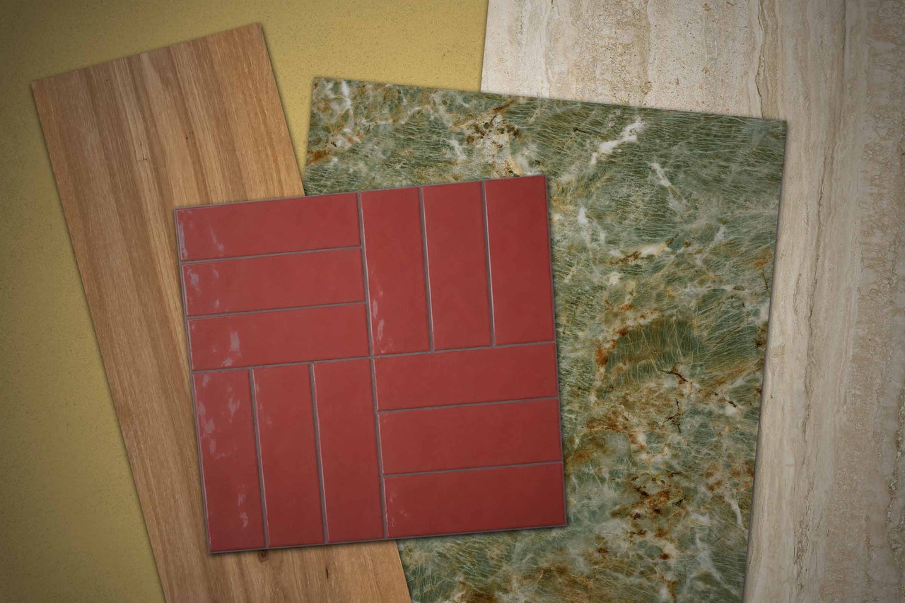 Sélection de carreaux et de revêtements de sol avec carreaux rouges, aspect marbre vert et lames aspect bois et pierre.