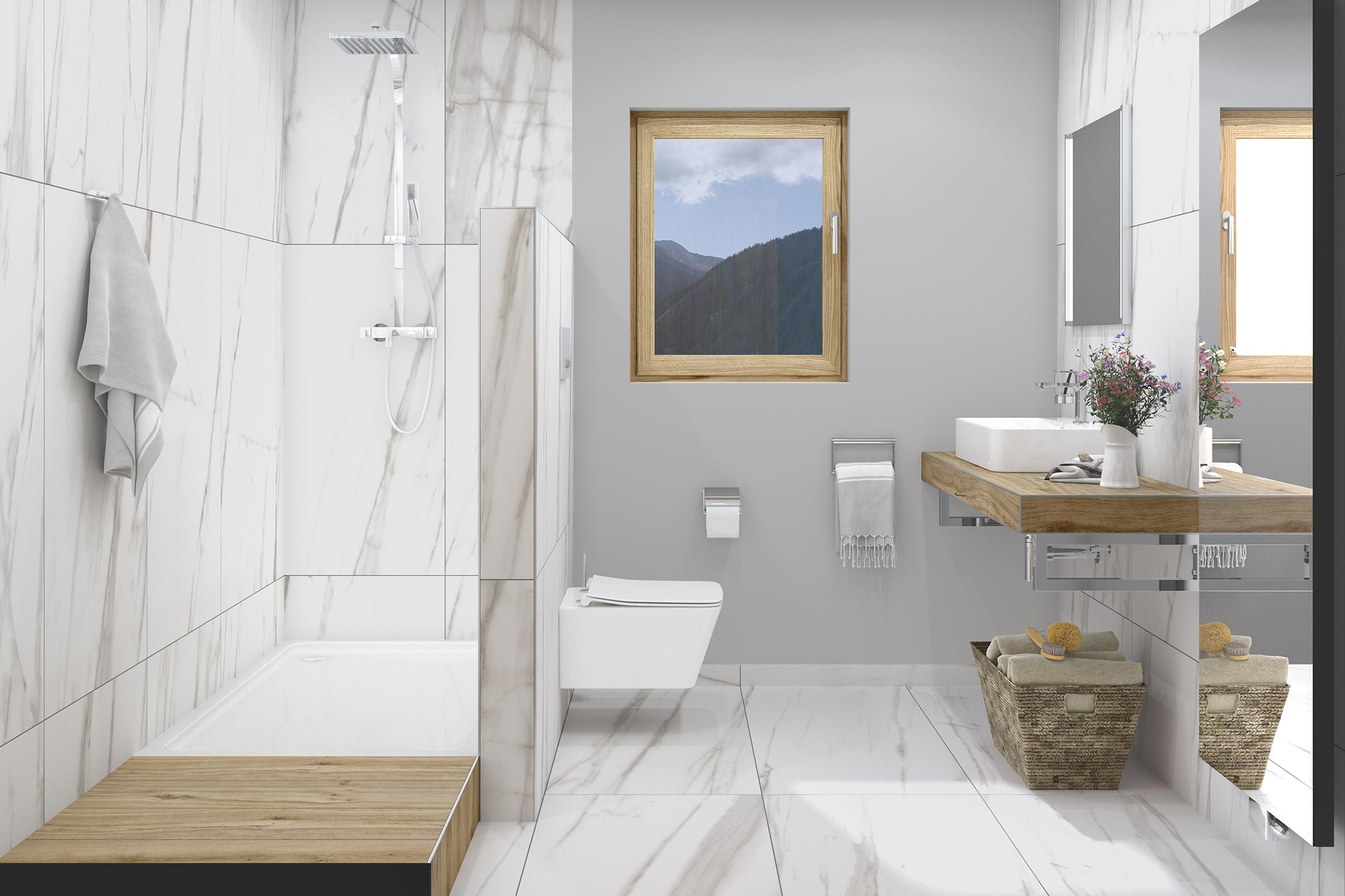 Modernes Badezimmer mit Dusche, Toilette, Waschtisch und Fenster