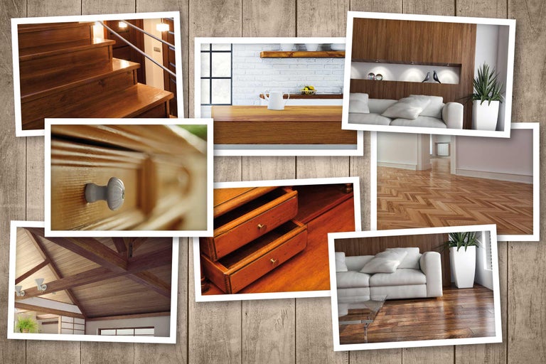 Collage de photos d'intérieur sur fond en bois