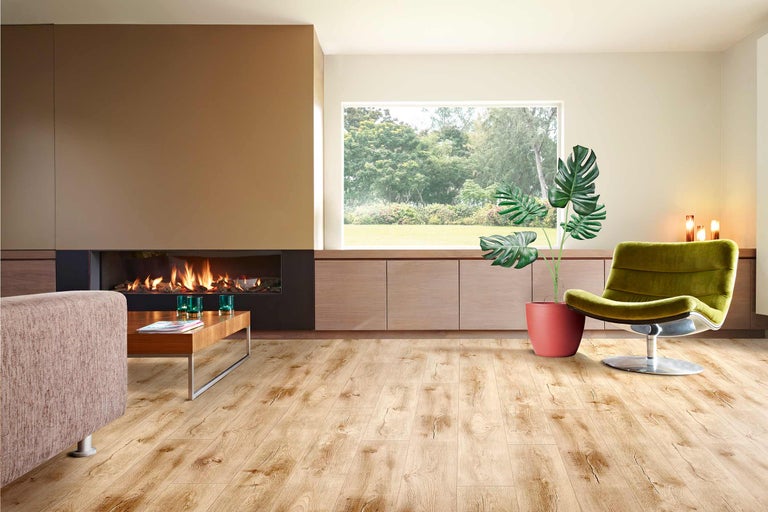 Salon lumineux avec cheminée, parquet, fauteuil et plante d'intérieur.