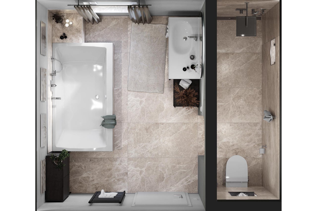 Vue de dessus d'une salle de bains avec baignoire, douche et toilettes