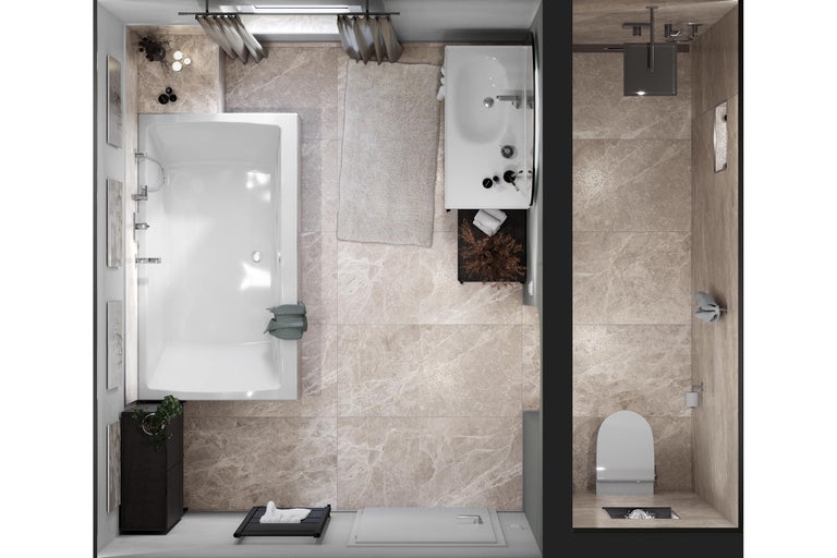 Badezimmeransicht von oben mit Badewanne, Dusche und Toilette