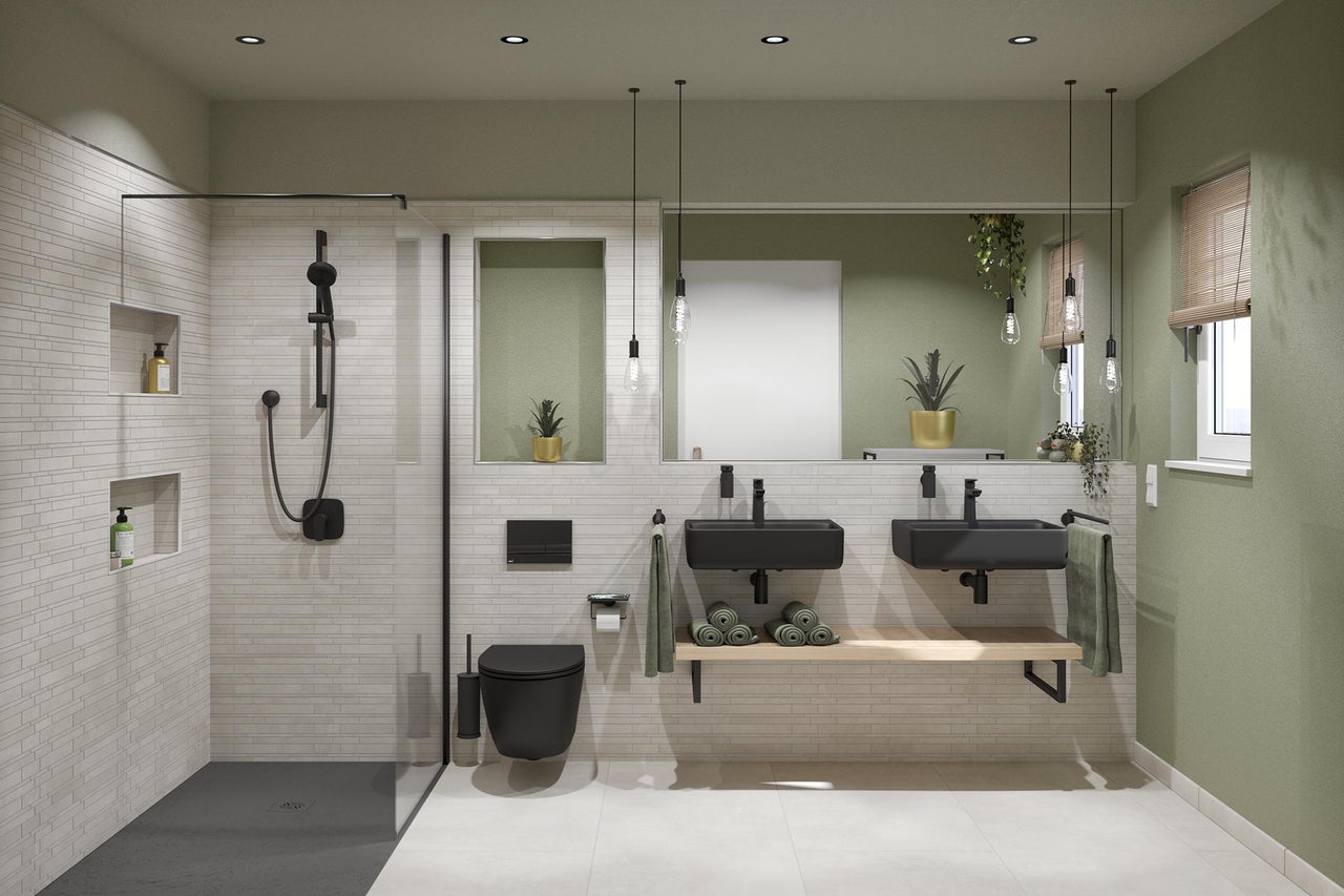 Salle de bain avec douche, toilettes, lavabo et miroir
