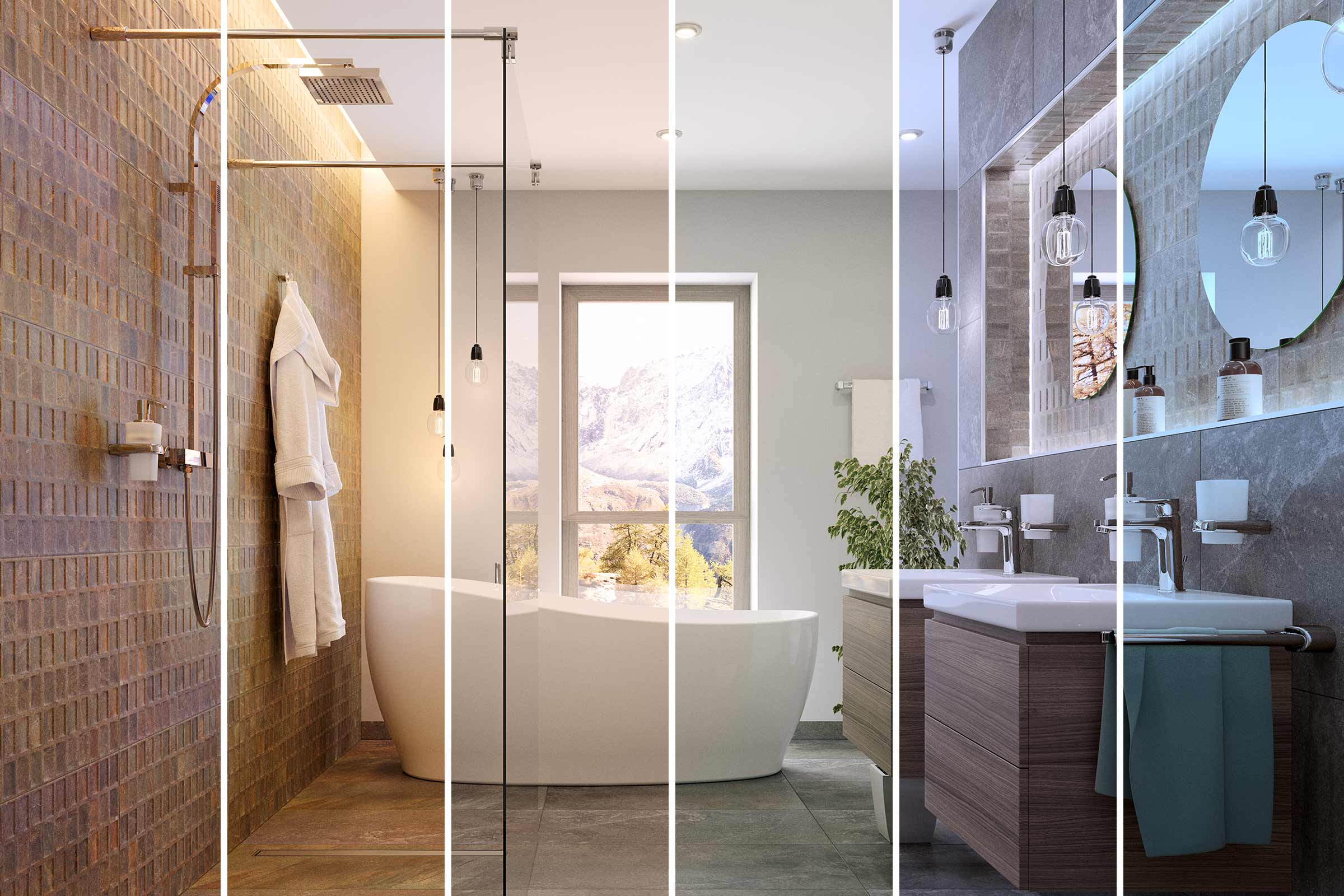 Badezimmer mit Dusche, Badewanne und Waschtisch in verschiedenen Beleuchtungsarten.