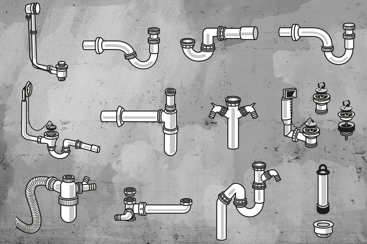 Illustration verschiedener Siphons und Ablaufgarnituren