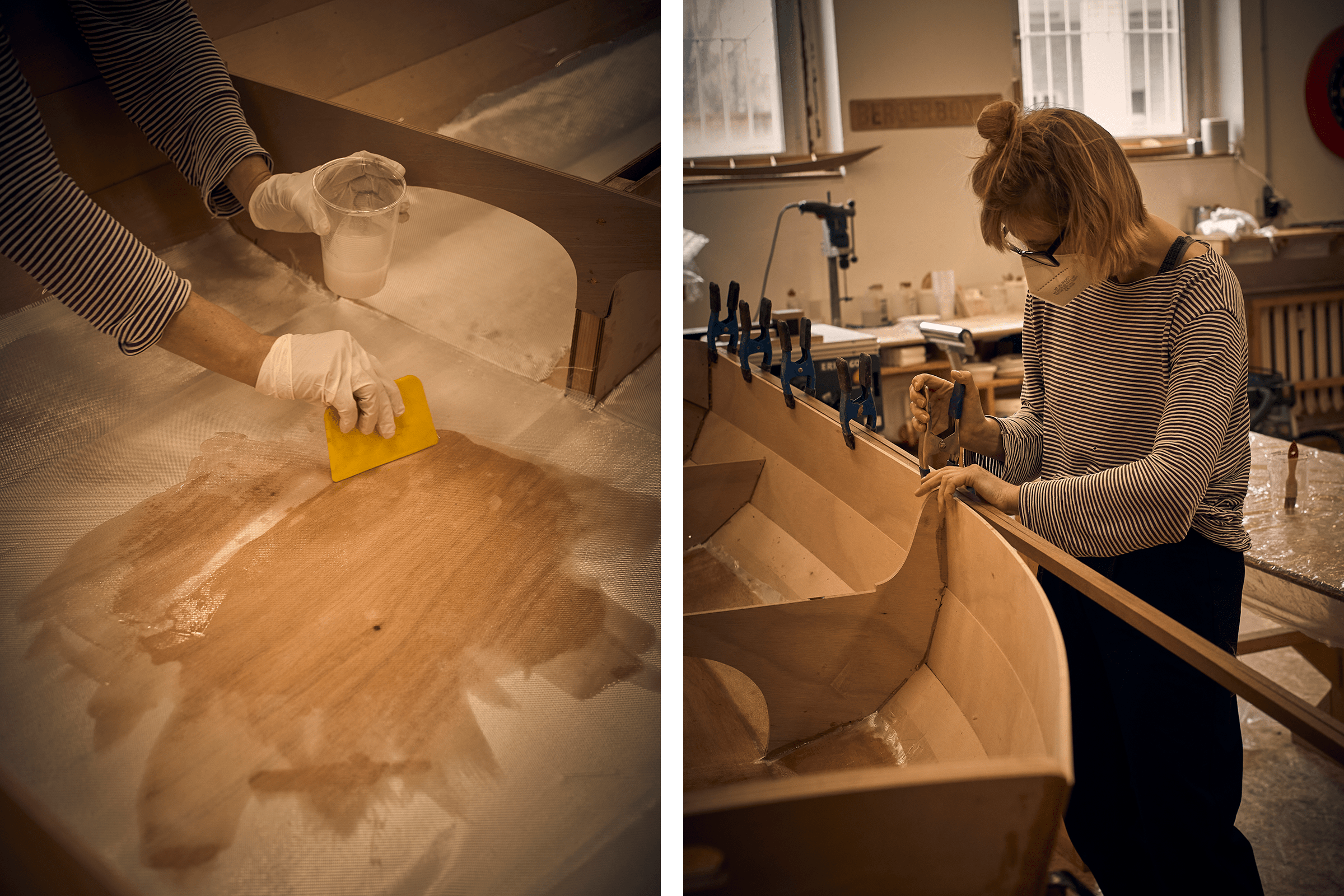 Zwei Szenen zeigen den Bau eines Holzbootes mit Epoxidharz und Glasfasergewebe.