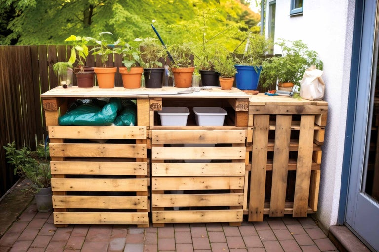 Scène de jardin avec une étagère en palettes de bois, plantée de différentes plantes en pot