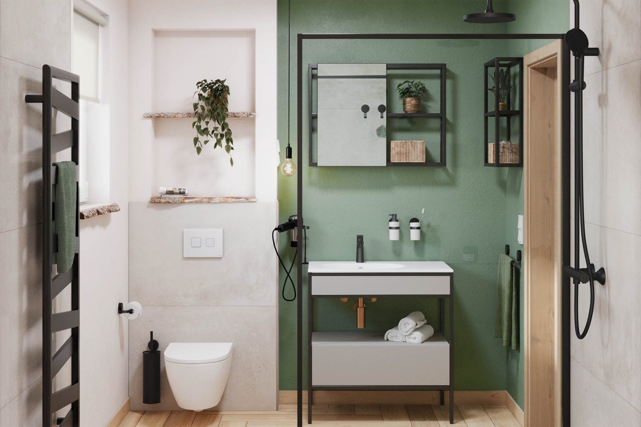 Salle de bains avec lavabo, toilettes, sèche-serviettes et douche