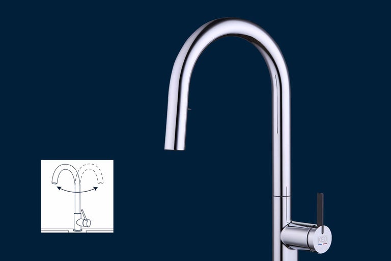 Robinet de cuisine avec bec pivotant et logo KEO