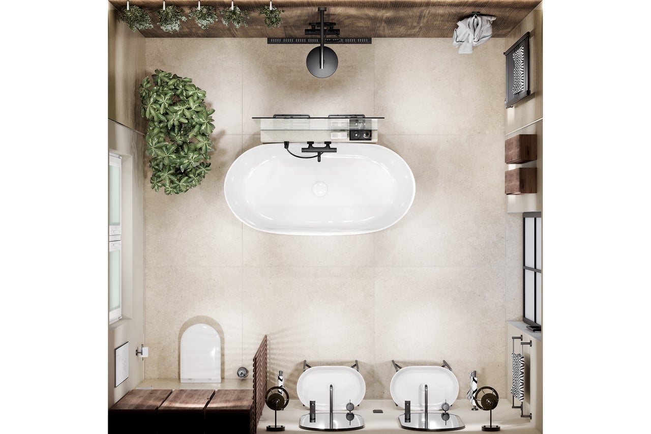 Vue de dessus, salle de bains moderne et lumineuse avec baignoire en ilot, double vasque, WC et carrelage grand format.