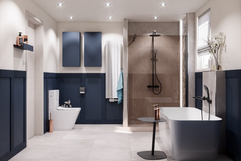 Salle de bain moderne avec toilettes, baignoire et douche