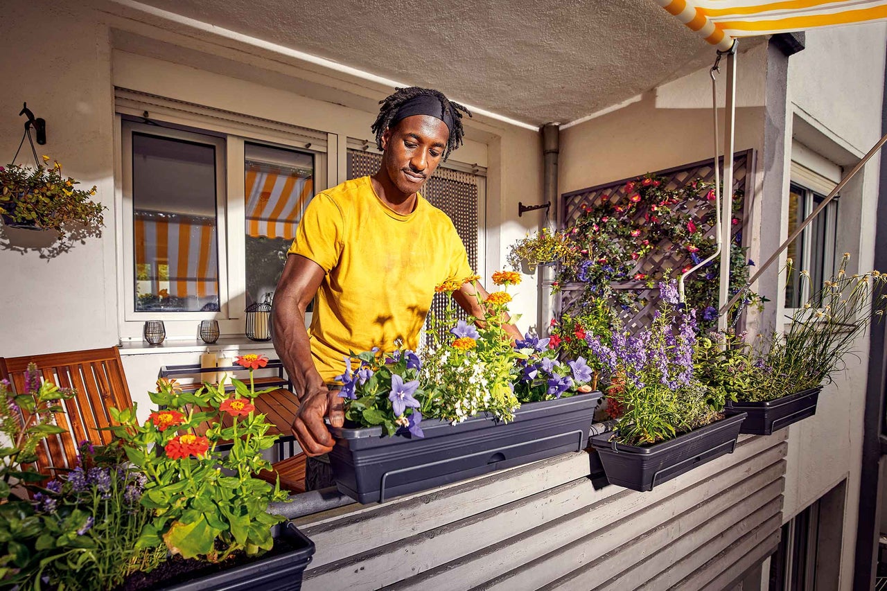 Un homme plante différentes fleurs de printemps dans une jardinière.