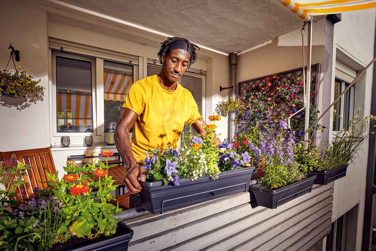 Un homme plante différentes fleurs de printemps dans une jardinière.