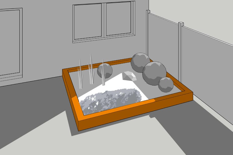 Illustration eines erhöhten Gartenbeets mit Pflanzen, Kies und Zierkugeln
