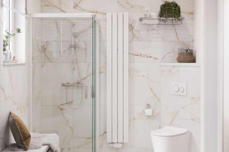 Salle de bain lumineuse avec douche, radiateur, toilettes et éléments décoratifs