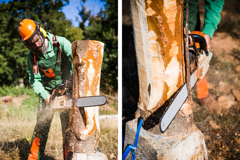 Un homme coupe un morceau de bois avec une tronçonneuse. Les mesures de protection sont clairement visibles sur la photo.