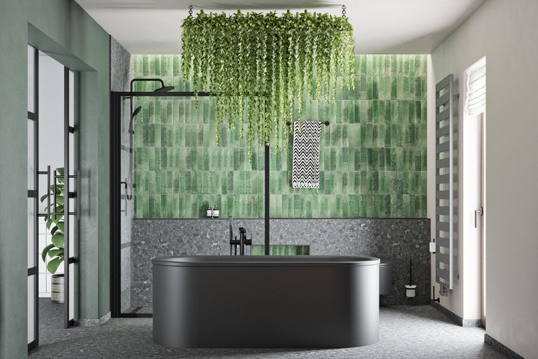 Modernes Badezimmer mit freistehender Badewanne, Dusche und grünen Fliesen