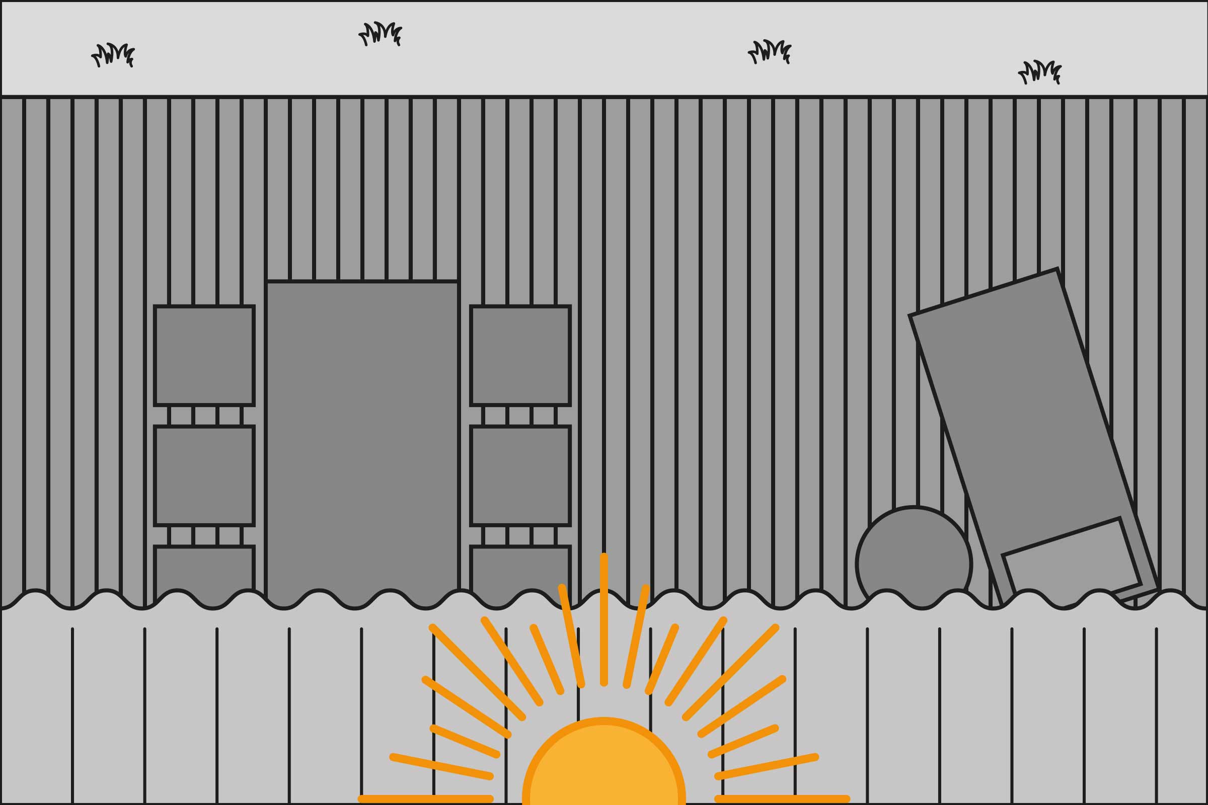 Illustration eines Gartenzauns mit Gartenmöbeln und Bewuchs